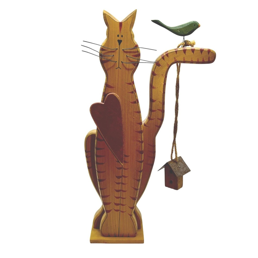 Wooden Cat Statue - Folk Art - Striped Tabby Birdhouse Heart Whimsical Y2K 2000
